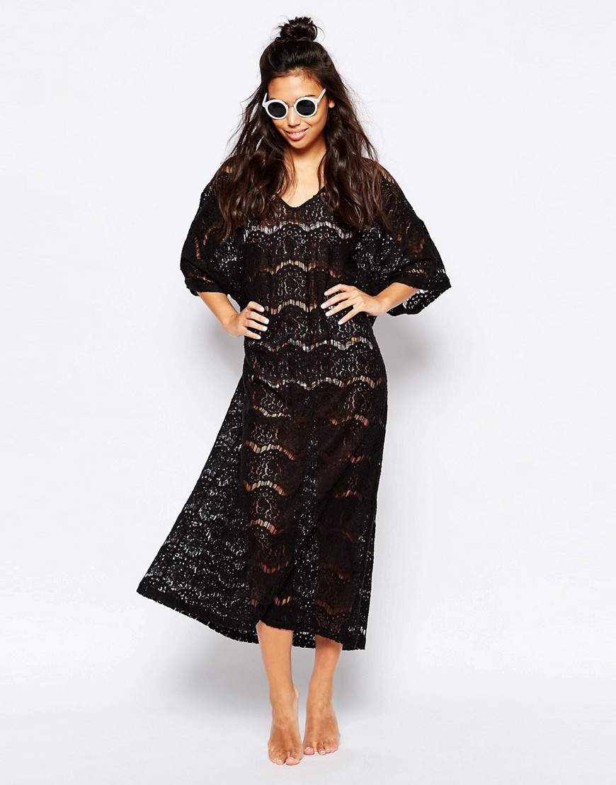 F4570-2  All Over Lace Beach Maxi Dress Black Women Beachwear